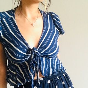 BE COOL Navy Blue Striped Tie-Front Crop Top